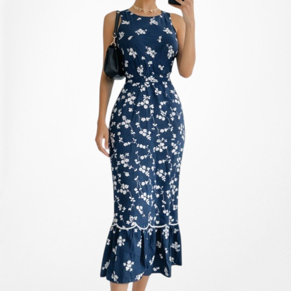 Vintage Y2K 90s Navy Blue Floral Ruffle Hem Sleeveless Midi Sundress Size M/L